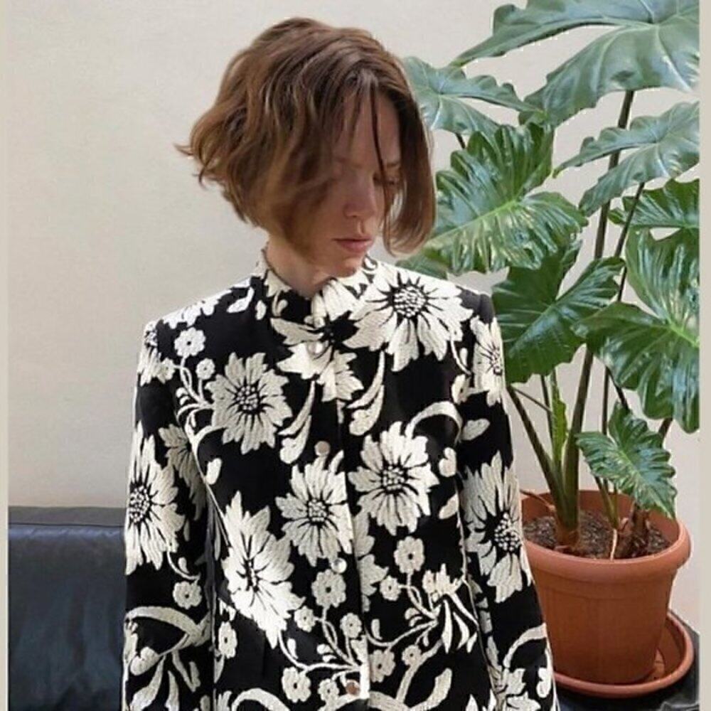 Zara NWT Black White Floral Jacquard Structured Blazer M - Picture 12 of 16